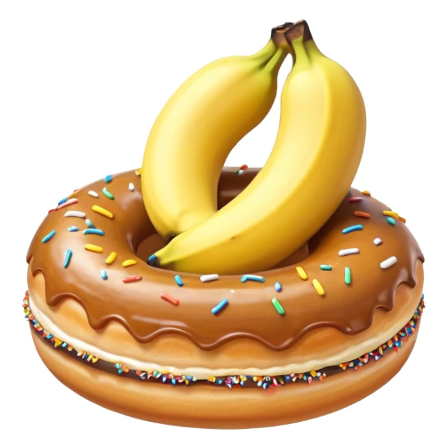 A banana in a donut banana standing in a donut's circle sticker