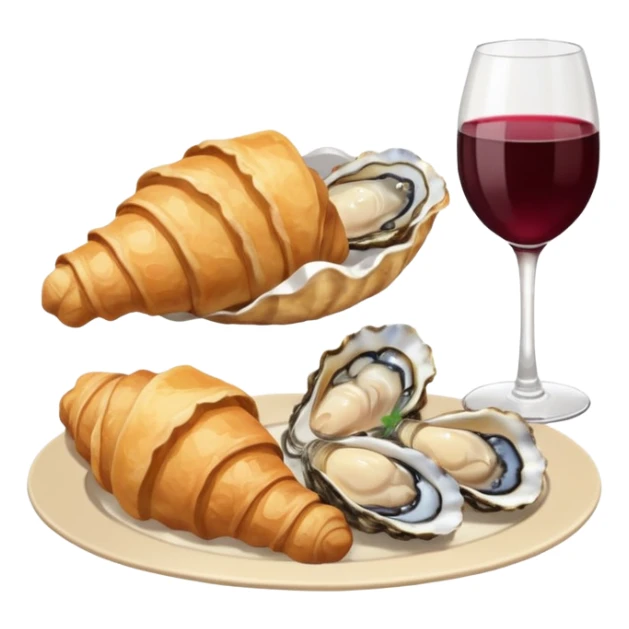 French cuisine humanless avatar in clean emoji-style illustration. 1 Croissant, oysters and wine glass, soft beige tones, simple shapes, flat design, refined and cozy. sticker