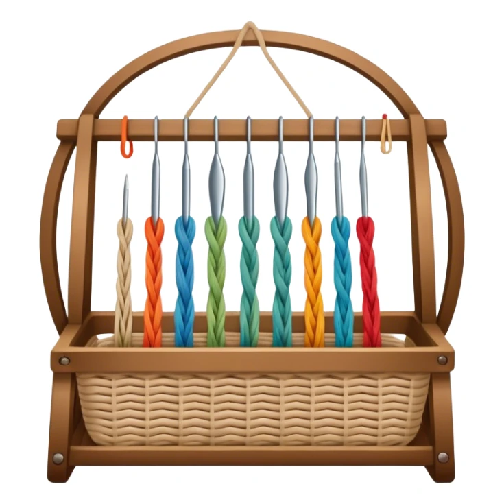 Weaving icon, various types of weaving such as basket weaving, macramé, and loom weaving, showing intertwined threads or ropes, weaving tools like shuttle, crochet hook, and loom, minimalistic style, clean lines, transparent background. sticker