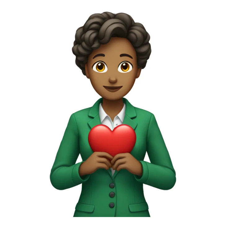 A female teacher in a green jacket holds a heart in her hands sticker