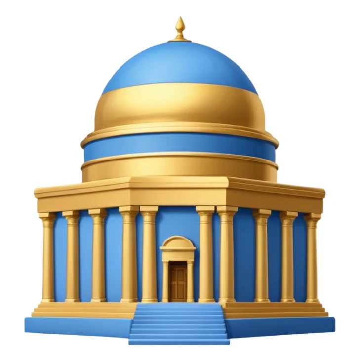  cubic temple with blue horizontal stipes on the side and a golden dome on top. The temple has no pillars and the dome has now spiral on top sticker