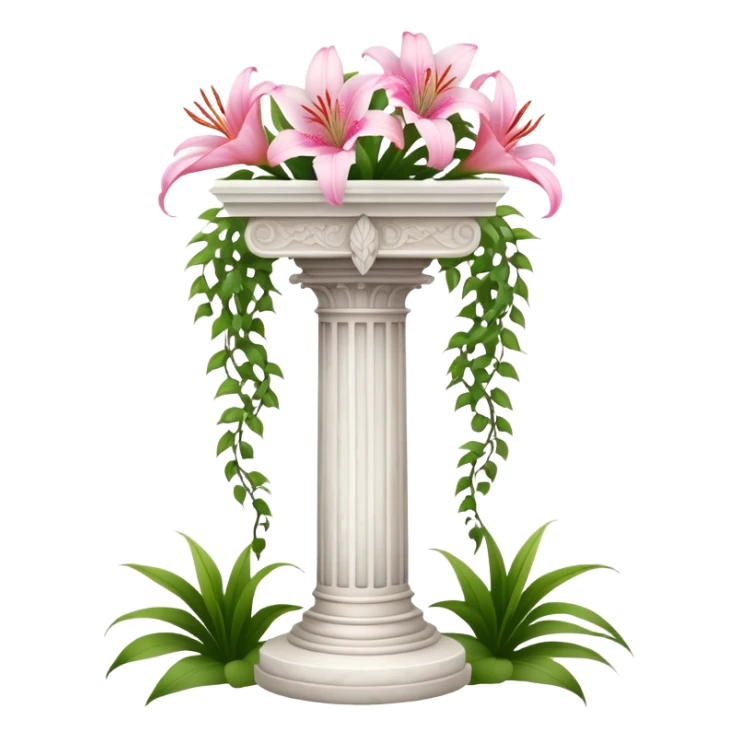 White tall marble pedestal with vines growing on it and pink lilies, beautiful romantic scenery  sticker