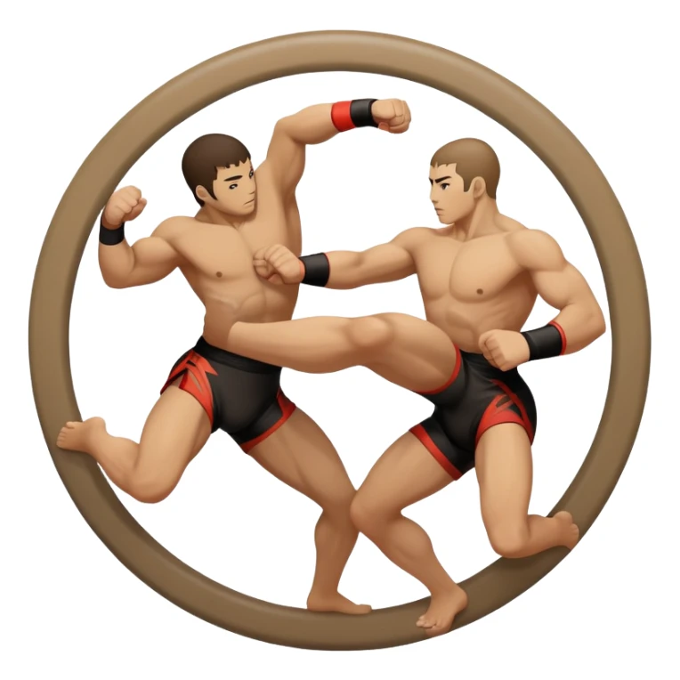 An icon symbolizing wrestling martial arts, featuring two stylized figures locked in a dynamic grappling pose. The background shows abstract elements representing strength and technique, with a circular design to represent unity and focus. Transparent background sticker