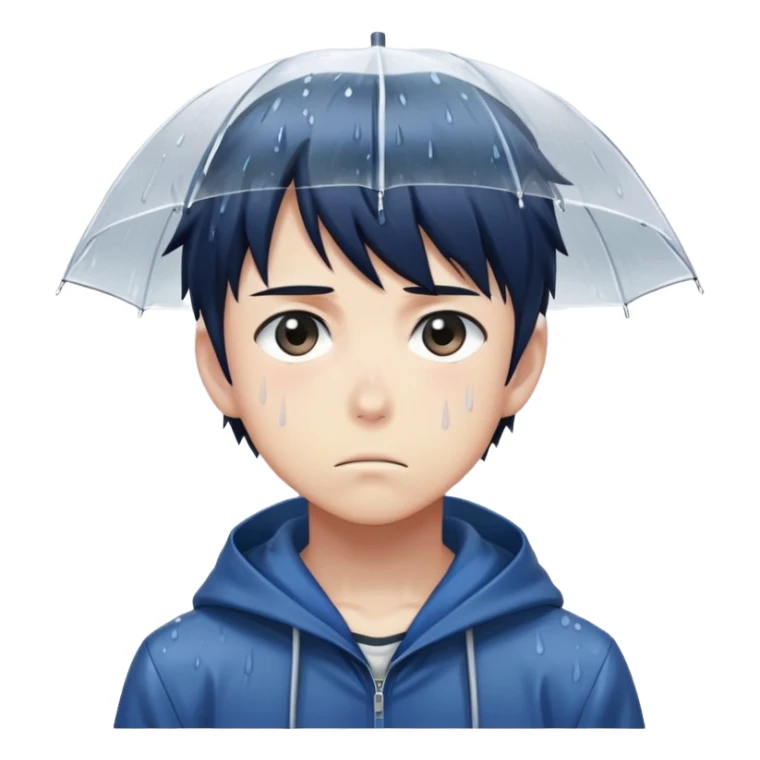 Anime character boy with sad expression standing in the rain, anime art style sticker