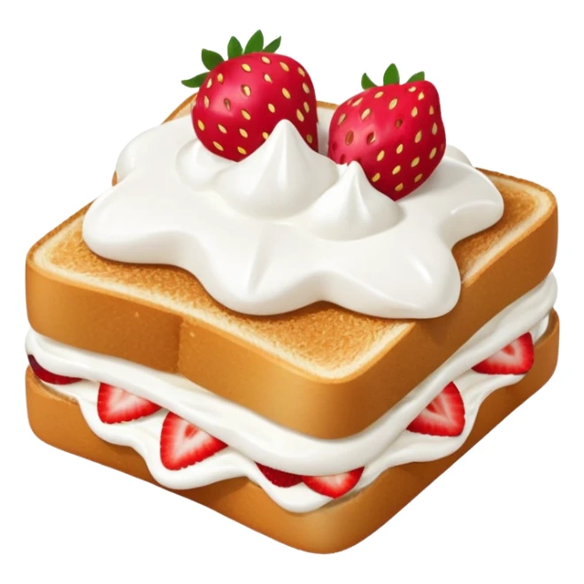square toast topped with fluffy white cream, decorated with a strawberry bow made from two strawberry halves and a small sliced center, bright red and glossy sticker