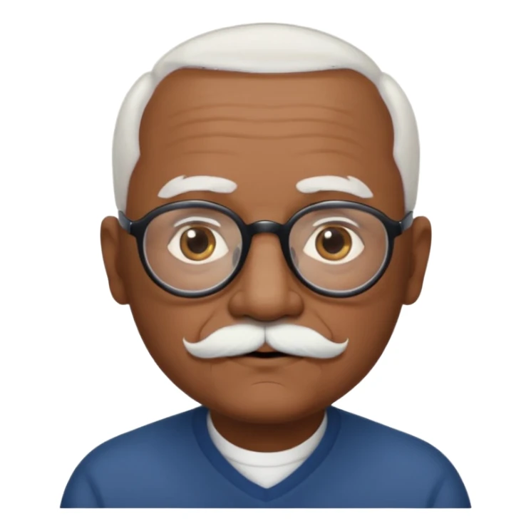 an elderly man with medium-dark skin tone, bald on top with short white hair at the sides, thick white eyebrows, large brown eyes, and wears black-framed glasses.
A small white mustache sits above his mouth sticker
