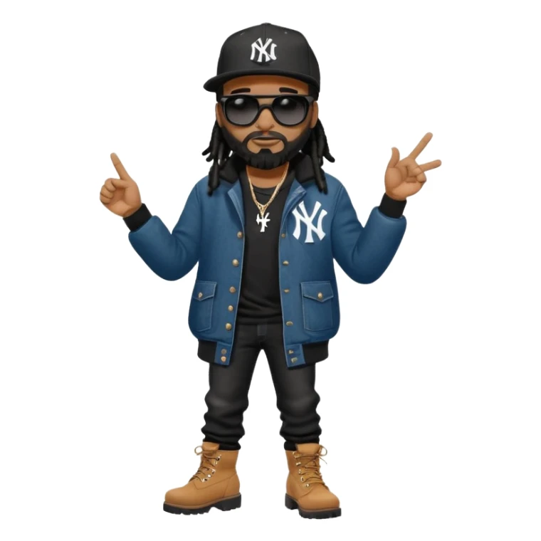 African American man with shoulder length black dreadlocks with black beard wearing black sunglasses wearing a New York Yankees logo baseball cap wearing a dark black bubble winter coat wearing denim skinny jeans and Timberland boots hand pointing to the right sticker