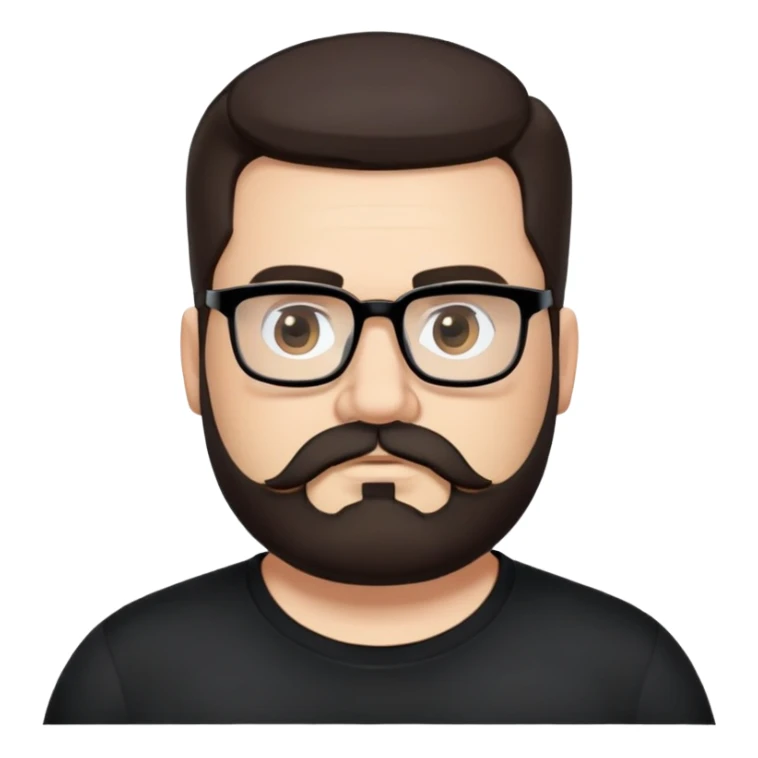 Caucasian male, chubby, long hair straight dark brown hair combed back, thick dark eyebrows, rectangular black eyeglasses, full beard and mustache neatly groomed, neutral facial expression, wearing a black crew neck shirt. sticker