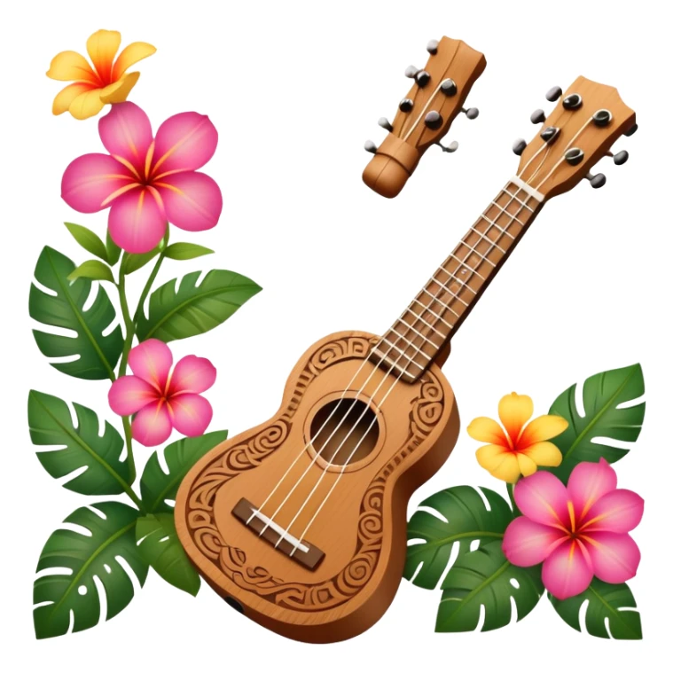 Ukulele with Polynesian carvings with flowers behind it sticker