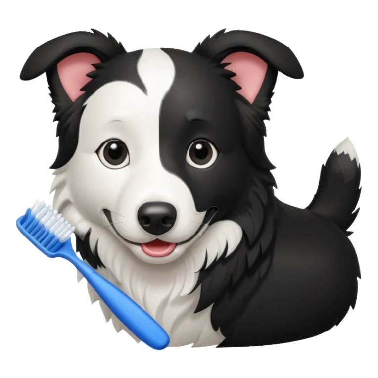 border collie black and white holding a blue toothbrush sticker