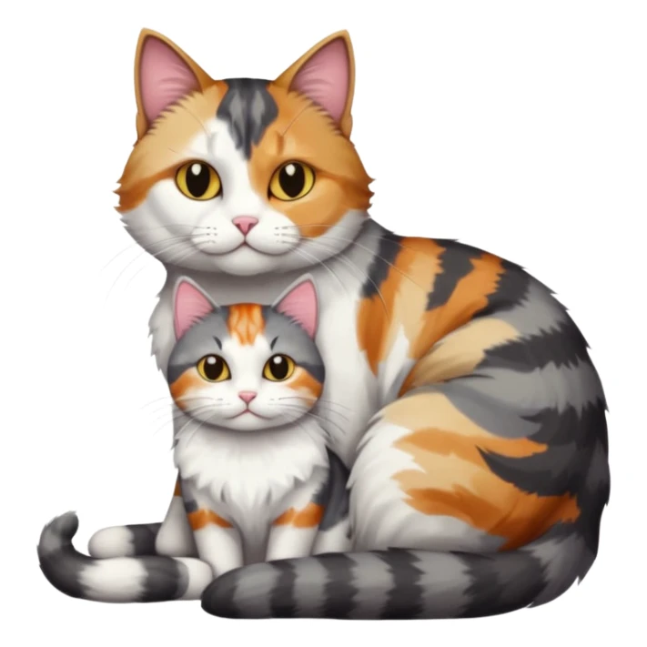 full body colourful light patched calico + white tabby cat cuddling a large dark grey and white tabby cat  sticker