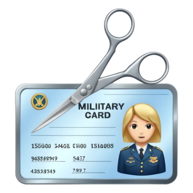 Scissors cutting military ID card in the middle front view sticker