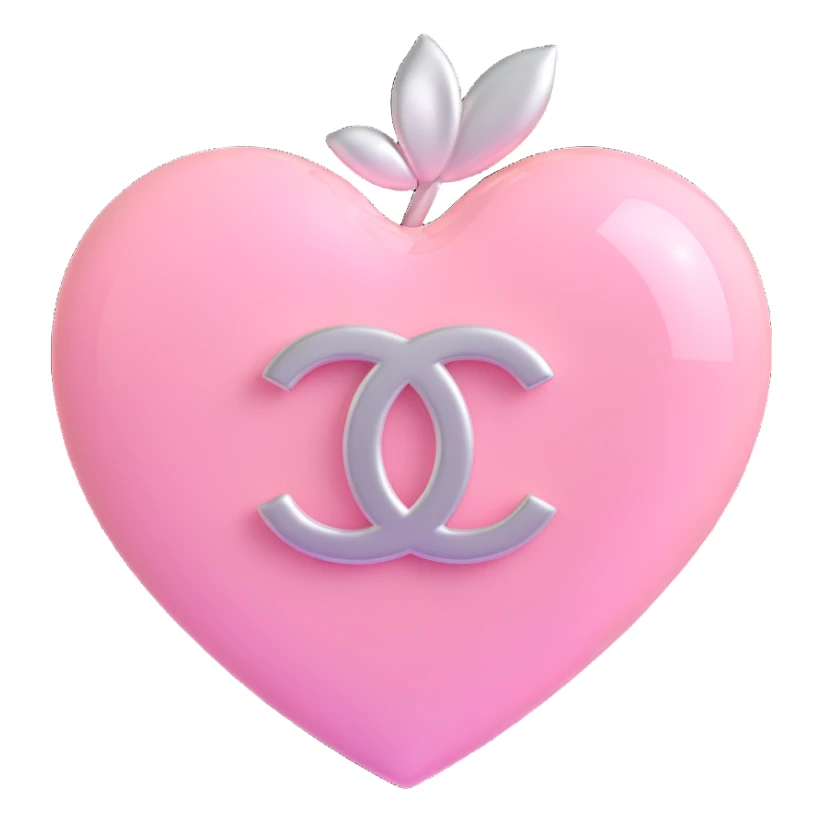 Remove the diamond accent, keep only the glossy white heart with a soft pink glow and silver Chanel logo, elegant, white and silver color scheme, 3D emoji style, keep the background transparent except for the glow. sticker