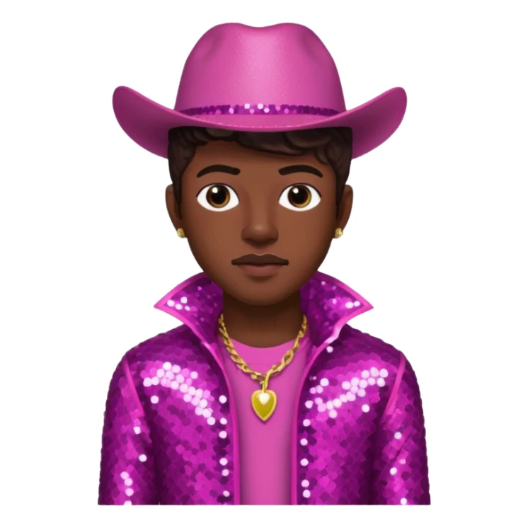 Lil Nas X with dark brown hair, dark pink sequin outfit sticker
