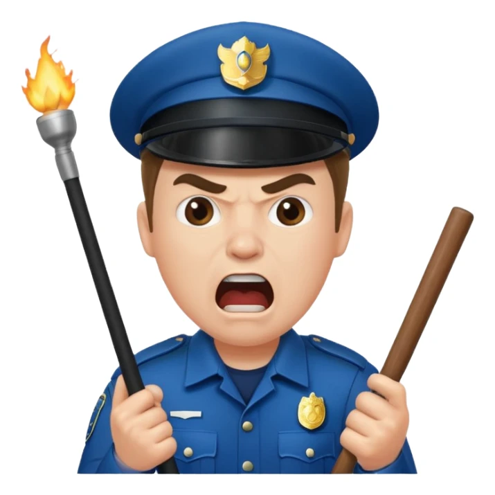An angry British policeman with a baton in his hands shouts sticker