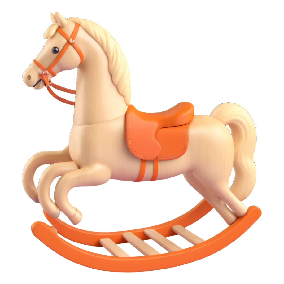 rocking horse, 3D, light maple wood, vintage style, Hermès orange saddle, no text sticker
