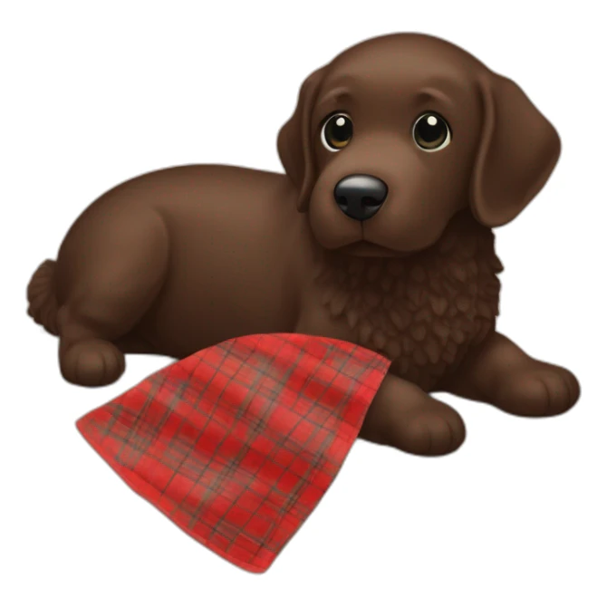 Chocolate brown colored doodle with a red and black flannel hankerchief holding a plush salmon fish chew toy sticker
