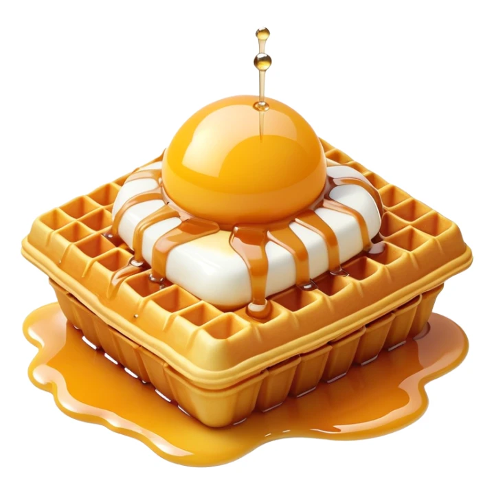3D rendered hyper-realistic Hong Kong egg waffle with condensed milk drizzle, glossy golden bubbles, vibrant colors, candy-like texture, detailed bubble surfaces, fun presentation, soft lighting sticker