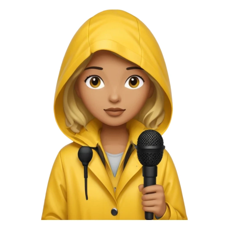 woman with rain coat and microphone sticker