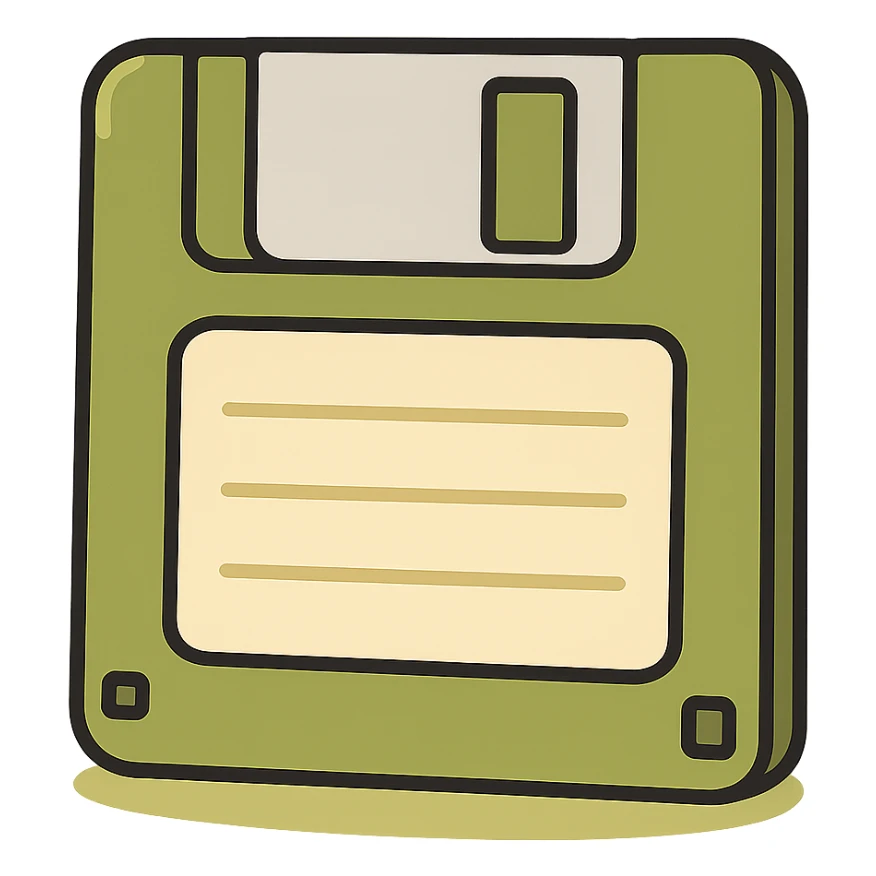 olive green floppy disk with a beige label, simple drawing, clear outlines, graphic shadows and highlights where appropriate, no face sticker