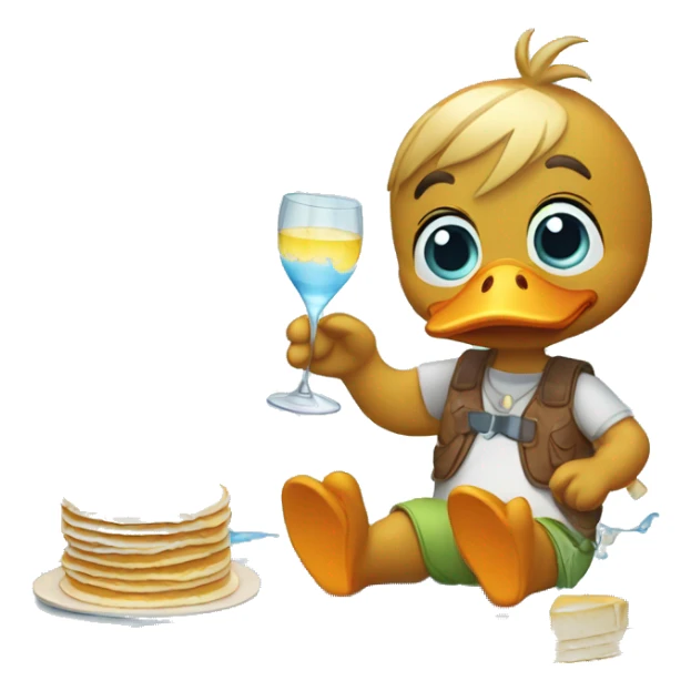 Duck holding present making pancakes while putting on shoes and drinking a glass of water sticker