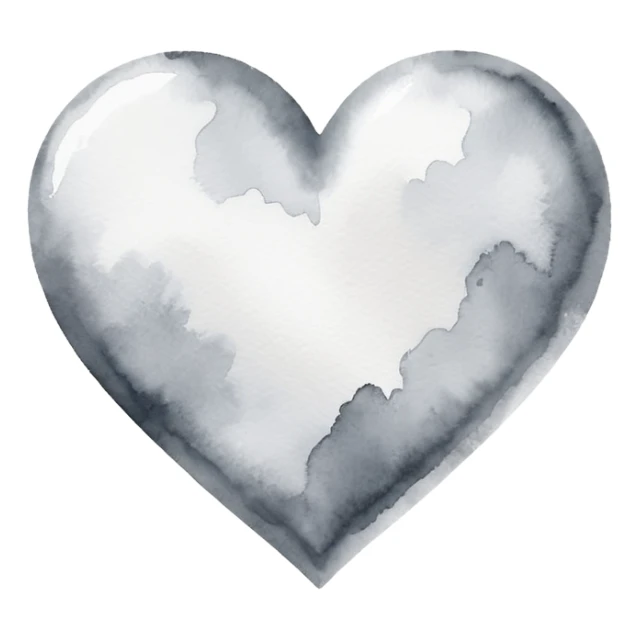 minimalist watercolor heart icon, monochromatic silver washes, soft bleeding edges, on textured white paper, serene and emotional, perfect for app icon, transparent background, flat lay --style raw --stylize 150 sticker