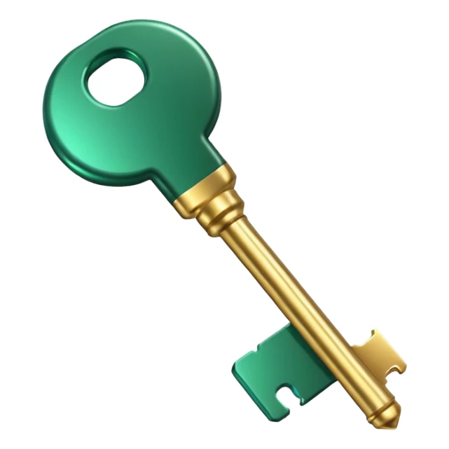 3D key icon with subtle glow effect, modern glossy style, deep green (#0B3D2C) and gold (#C9B037), elegant and minimal, transparent background, premium render sticker