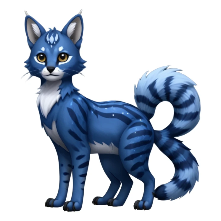 Cute kawaii cool edgy badass  glossy midnight-blue fur with silver starlight dusting fantasy-caracal-civet-genet-sergal-vernid-Gryphon-Cacomistle-Trico-oncilla-animal-Fakémon-hybrid-fursona (full body), facial markings, (realism style) sticker