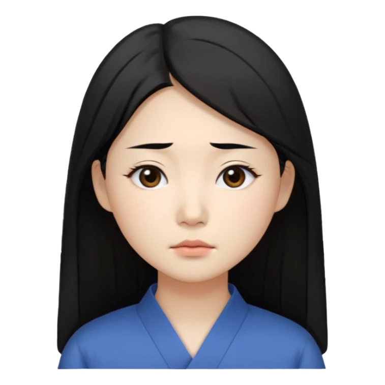 Korean woman, East Asian features,
female human face avatar, headshot,
slightly uncomfortable expression,
subtle frown, tired eyes,
sensitive and delicate mood,
neutral face, minimal expression,
simple black hair,
clean background,long hair
professional, minimal style sticker