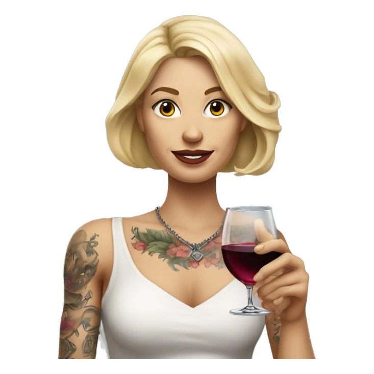 Create a hyper-realistic emoji of a blonde woman with elegant features. She has a body covered in tattoos, holding a glass of wine in one hand, while pointing forward with her other hand. sticker