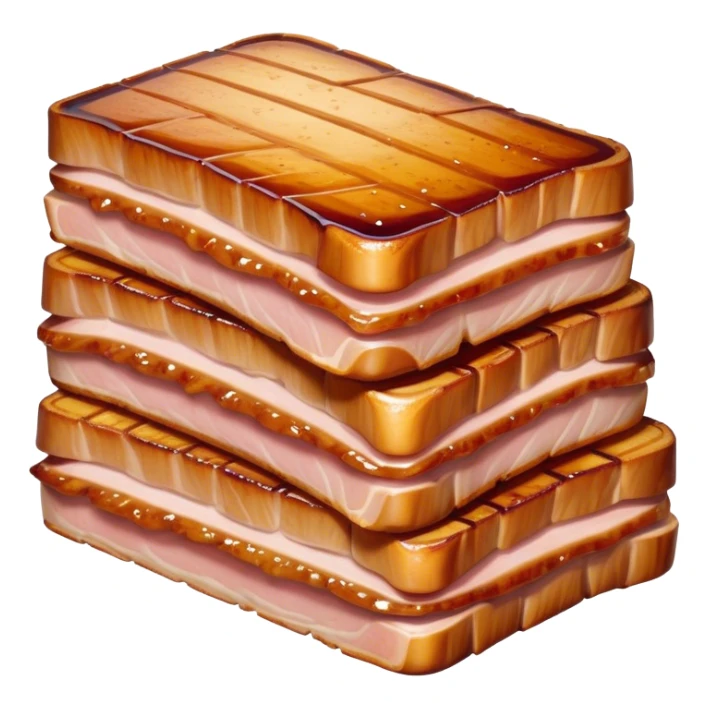 Cinematic tender pork belly, slow-roasted to perfection, crispy caramelized edges, glistening with juices, sliced into thick, rich layers, warm golden tones, luxurious and indulgent. sticker