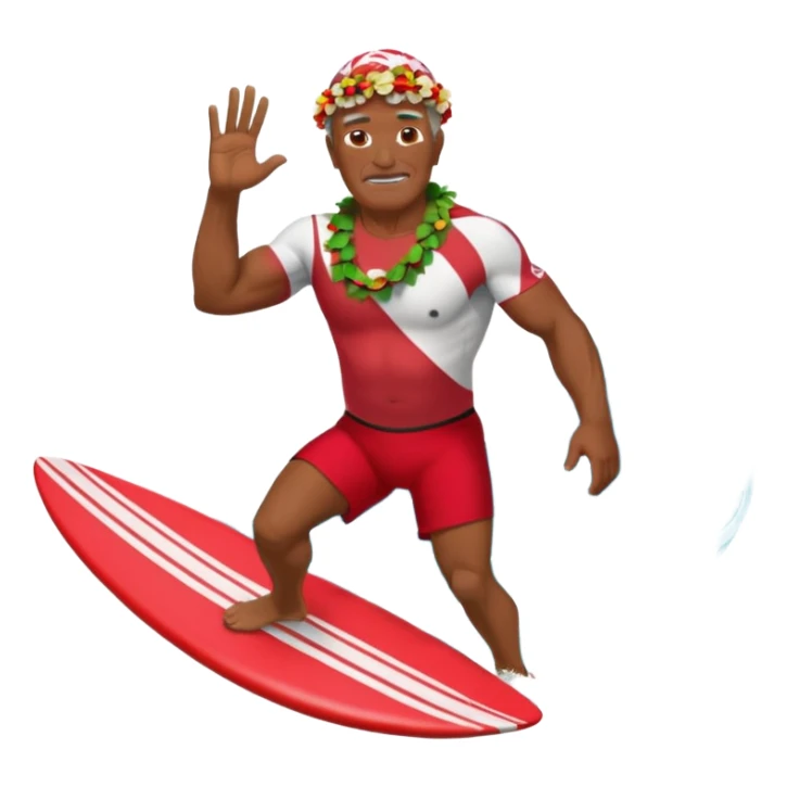 Dark muscular older Hawaiian surfer riding a big wave wearing red shorts a shell lei sticker