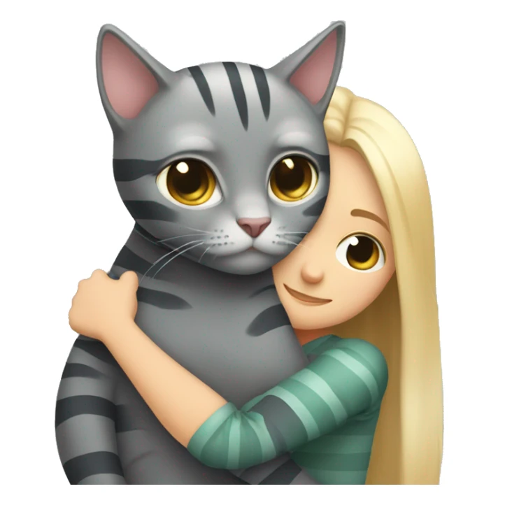 gray cat with dark gray stripes hugging a fair-haired girl sticker