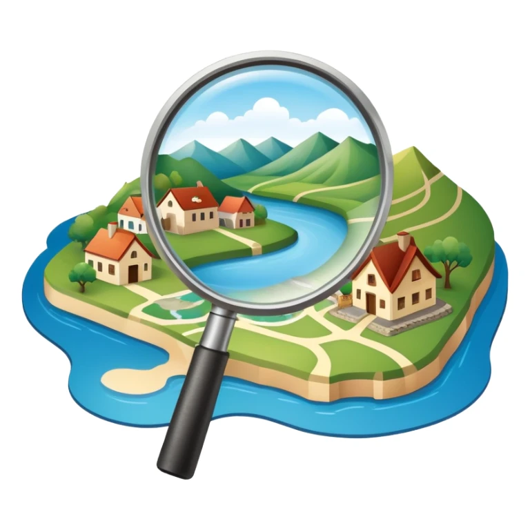 An icon featuring a magnifying glass over a local map, with a small village, traditional house, and natural landmarks like a river and hill, symbolizing local history and geography. Transparent background highlights the study of native land, culture, and heritage. sticker