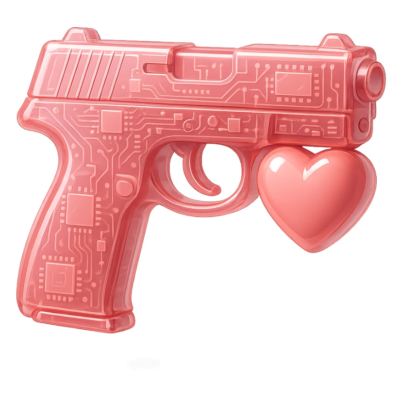 Change the photorealistic pistol to white with a glossy finish on a white background, no heart shapes or motifs. sticker