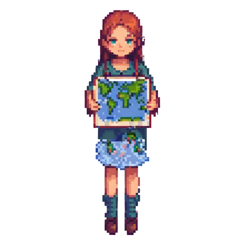 a girl holding a map, pixel art style sticker