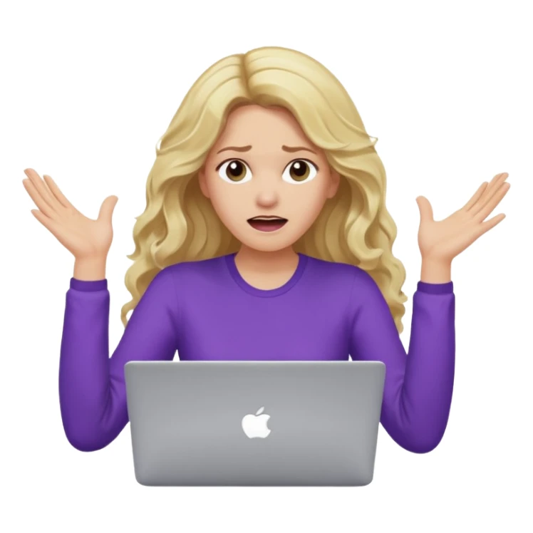 lady with long blonde wavy hair, purple top throwing her with a laptop looking exhausted sticker