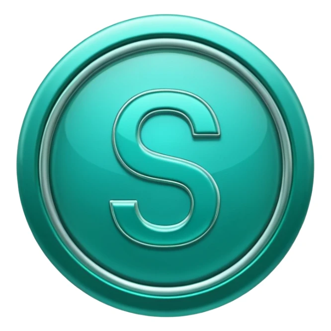 Create a custom emoji badge featuring a stylized, glossy letter “S”. Use the Platinum rank style from League of Legends: teal-green metallics, reflective surfaces, and a futuristic elegant frame. Vibrant and high readability.
 sticker