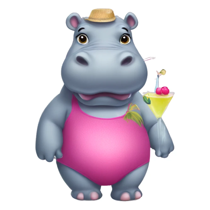 hippo wearing a wig, swimsuit and makeup  with a cocktail sticker