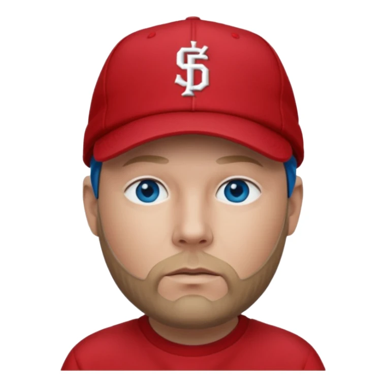 Fred Durst with dark blonde hair, blue eyes, red outfit and cap sticker