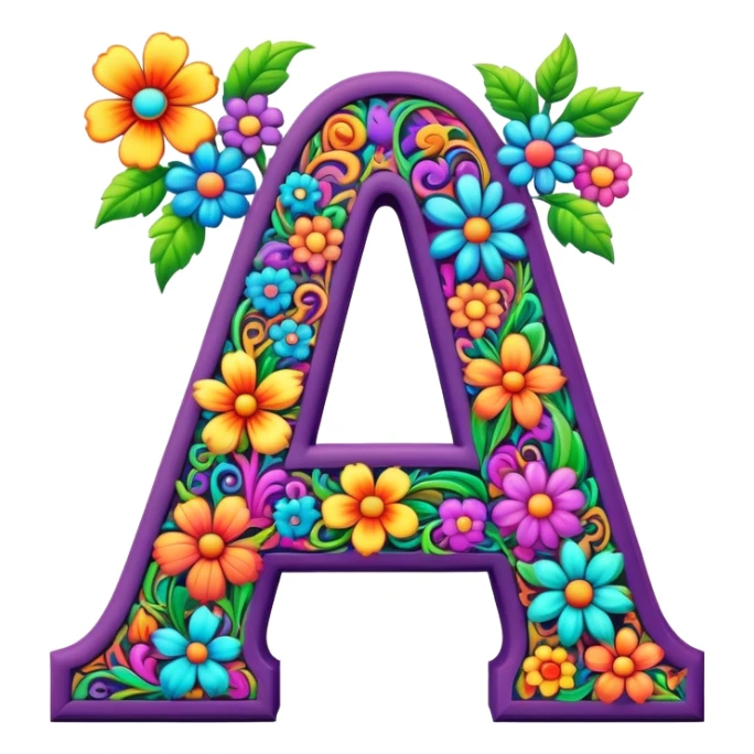 3D, gothic style psychedelic colored Letter A with hippie style flower border sticker