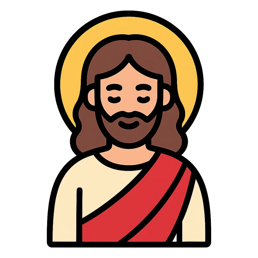 Jesus as a color icon, stylized with soft features, iconic robe, and a glowing halo sticker