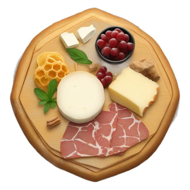 Charcuterie board with brie cheese wheel and honeycomb sticker
