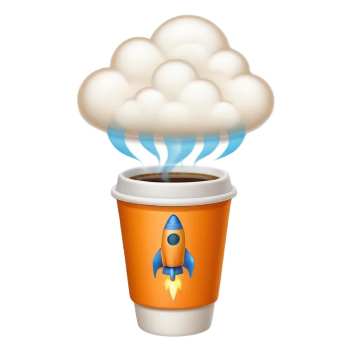 Emoji-style sticker of a takeaway coffee cup with rocket thrusters launching, steam forming a tiny cloud, playful but minimal, bold outline, soft shadows, flat 2.5D, glowing exhaust, transparent background, no text, high-res. sticker