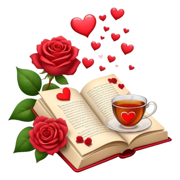 Icon for Romance Reading: an open book with a heart-shaped bookmark, surrounded by roses, a love letter, and a cup of tea, with small hearts and Cupid with bow and arrows flying out of the pages. Transparent background. sticker