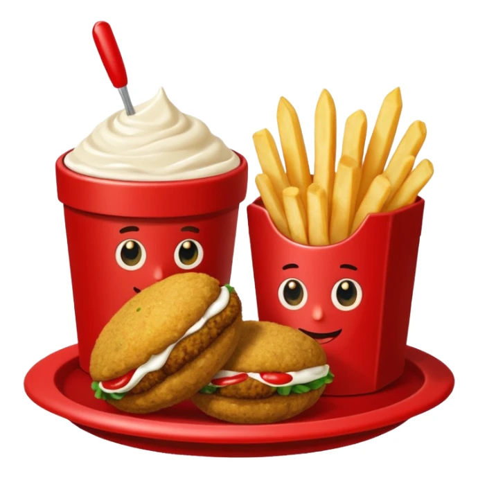 falafel and fries, with two containers with  red sauce and white sauce  sticker