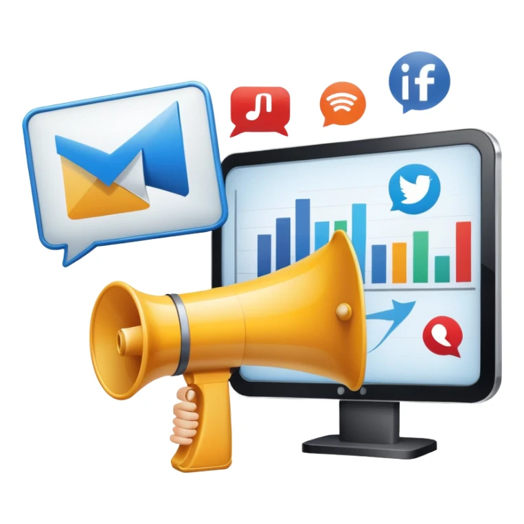 An icon featuring a megaphone, a billboard, and social media icons, symbolizing advertising and public relations. The design includes a press release and a rising graph, representing brand promotion and communication strategies. Transparent background highlights media influence and outreach. sticker