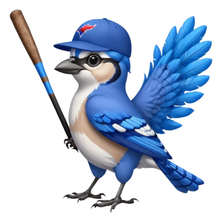 bluejay standing with baseball bat, wearing toronto blue jays baseball hat, background Canada Flag 
 sticker