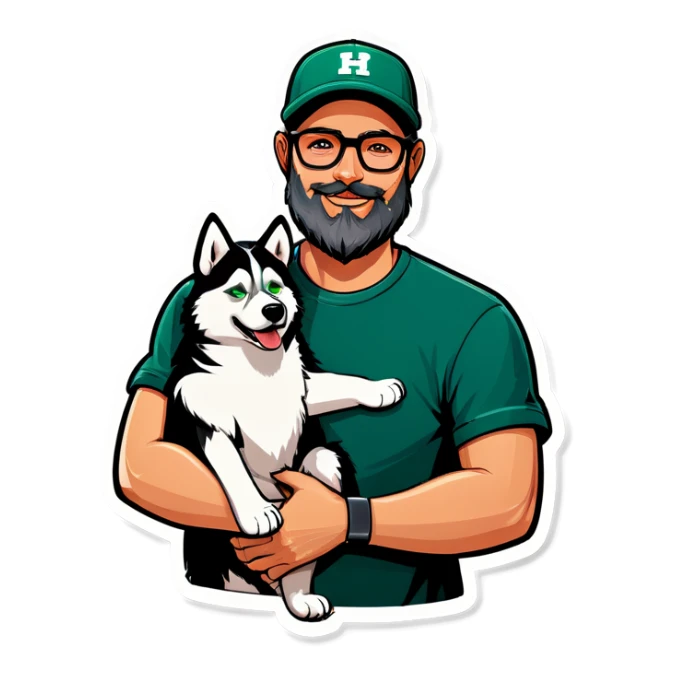 A bold man with a grey baseball cap, green eyes, big beard and glasses hugging a husky sticker