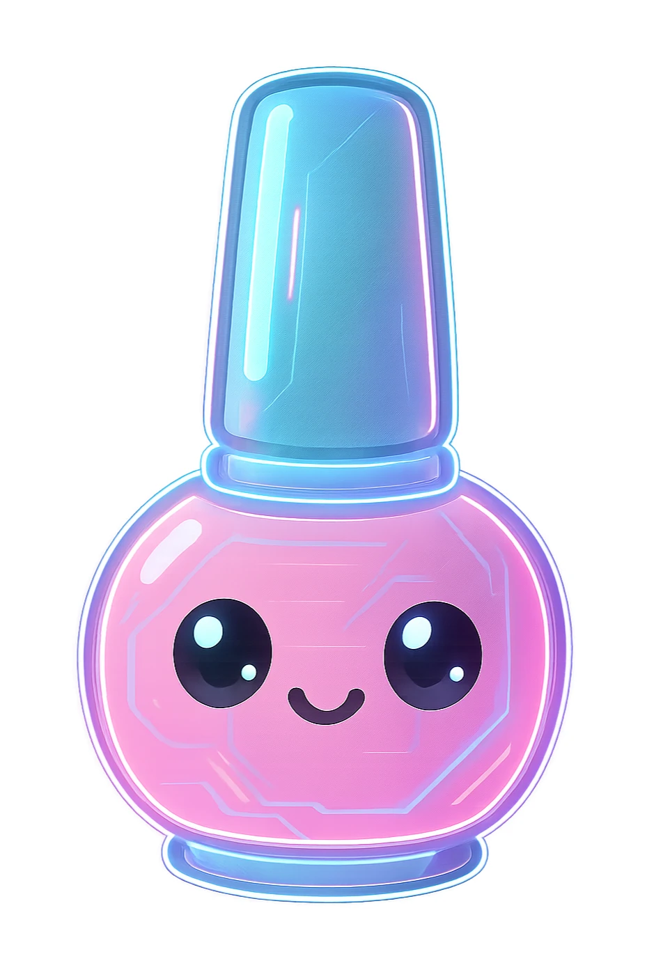 Make this cute nail polish bottle look a little AI animated, with digital animation effects, glowing lines, and a futuristic touch, keeping the background transparent. sticker